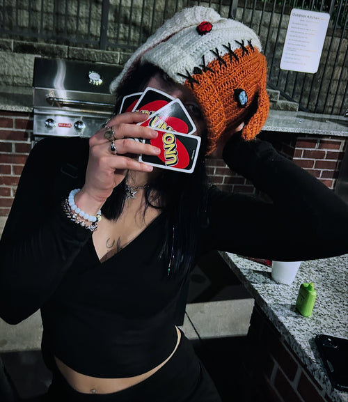 HOSHOKU 2.0 Beanie in orange and cream, fox and rabbit halves